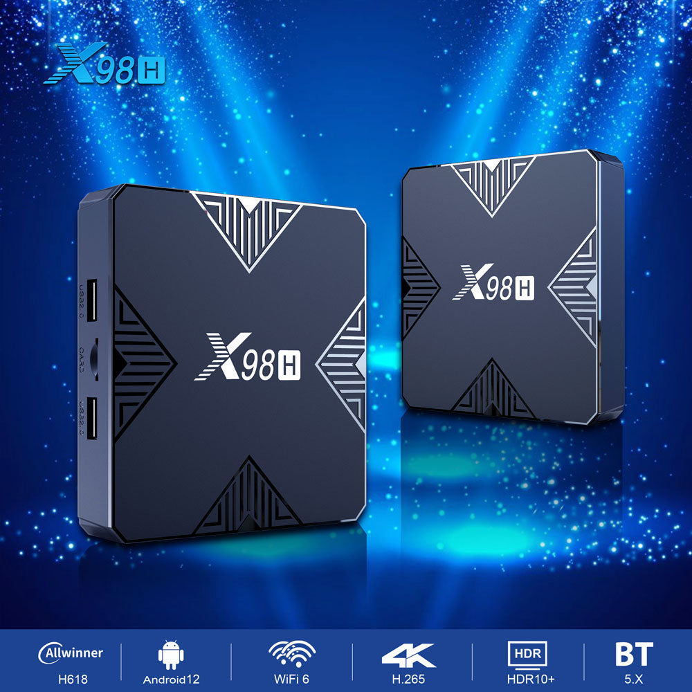 X98H Android Box 12.0 Andorid TV Box 4GB RAM 32GB ROM H618 Quad-core 64-bit ARM Cortex-A53 with Dual Wi-Fi 6.0 2.4G/5.8G, BT 5.0 Ethernet 100M 8K 3D USB 2.0 Ultra HD